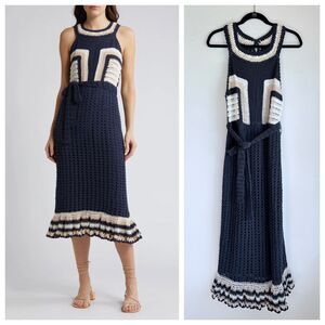 NEW Cleobella Women's Drew Hand Crochet Midi Dress in Navy & Ivory Size Medium